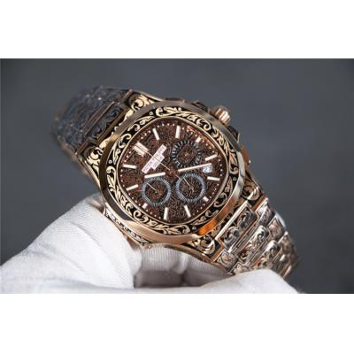 Replica Nautilus Japan Quartz Movement Mens Watch Black Dial Vintage Engraving Rose Gold Bracelet B E140