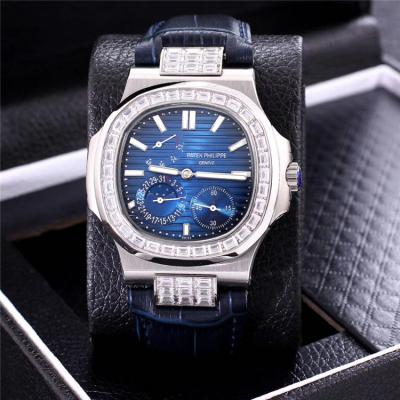 Replica Nautilus A21j Automatic Movement Mens Watch Blue Dial Diamonds Case Leather Strap A E146