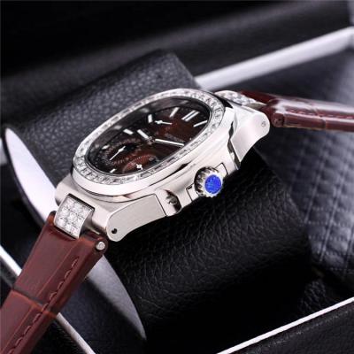 Replica Nautilus A21j Automatic Movement Mens Watch Blue Dial Diamonds Case Leather Strap A E146