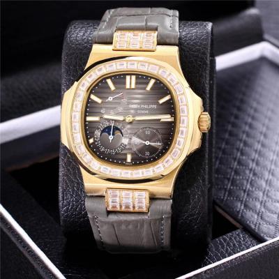 Replica Nautilus A21j Automatic Movement Mens Watch Black Dial Diamonds Case Leather Strap B E146