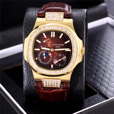 Replica Nautilus A21j Automatic Movement Mens Watch Black Dial Diamonds Case Leather Strap B E146