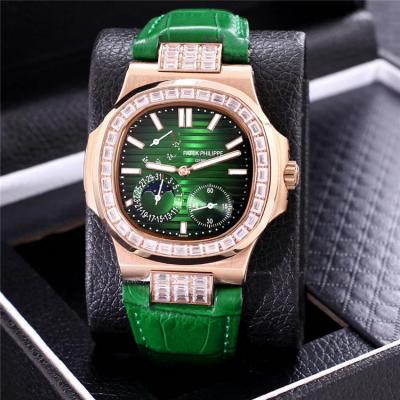 Replica Nautilus A21j Automatic Movement Mens Watch Green Dial Diamonds Case Leather Strap C E146