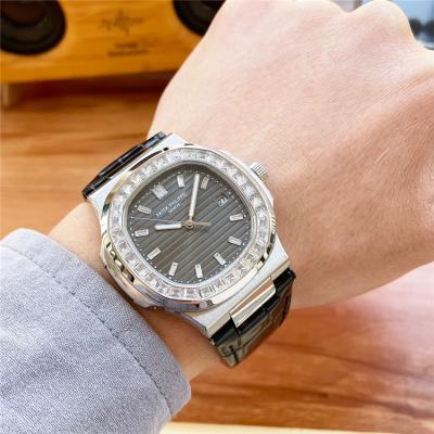 Replica Nautilus A21j Automatic Movement Mens Watch Gray Dial Diamonds Case Leather Strap C E217