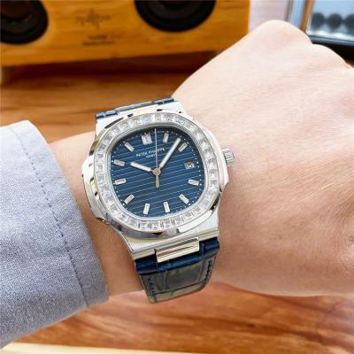 Replica Nautilus A21j Automatic Movement Mens Watch Gray Dial Diamonds Case Leather Strap C E217