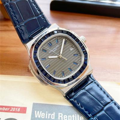 Replica Nautilus A21j Automatic Movement Mens Watch Gray Dial Diamonds Case Leather Strap C E217