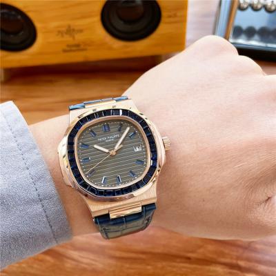 Replica Nautilus A21j Automatic Movement Mens Watch Gray Dial Diamonds Case Leather Strap D E217