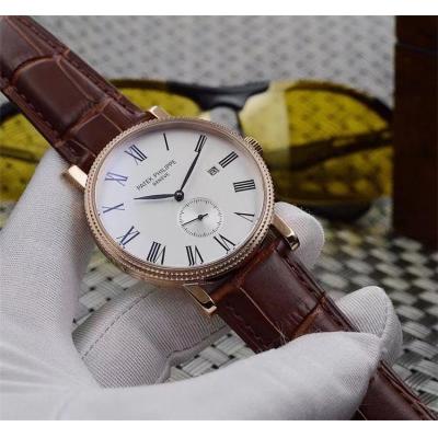 Replica Calatrava A21j Automatic Movement Mens Watch White Dial Leather Strap G13