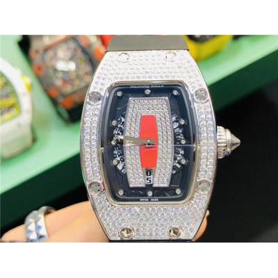 Replica RM007-1 A21j Automatic Movement Womens Watch Skeleton Diamonds Dial Diamonds Case Rubber Strap A E32