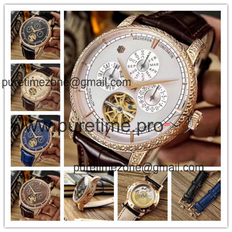 Replica Traditionnele A21j Automatic Movement Mens Watch White Tourbillon Dial Leather Strap B E08