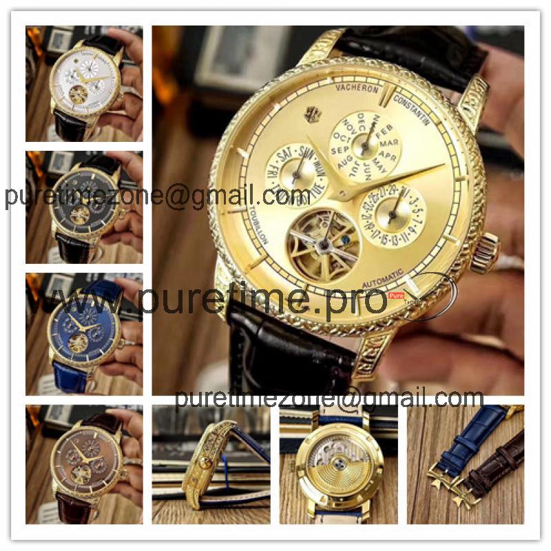 Replica Traditionnele A21j Automatic Movement Mens Watch Gold Tourbillon Dial Leather Strap C E08