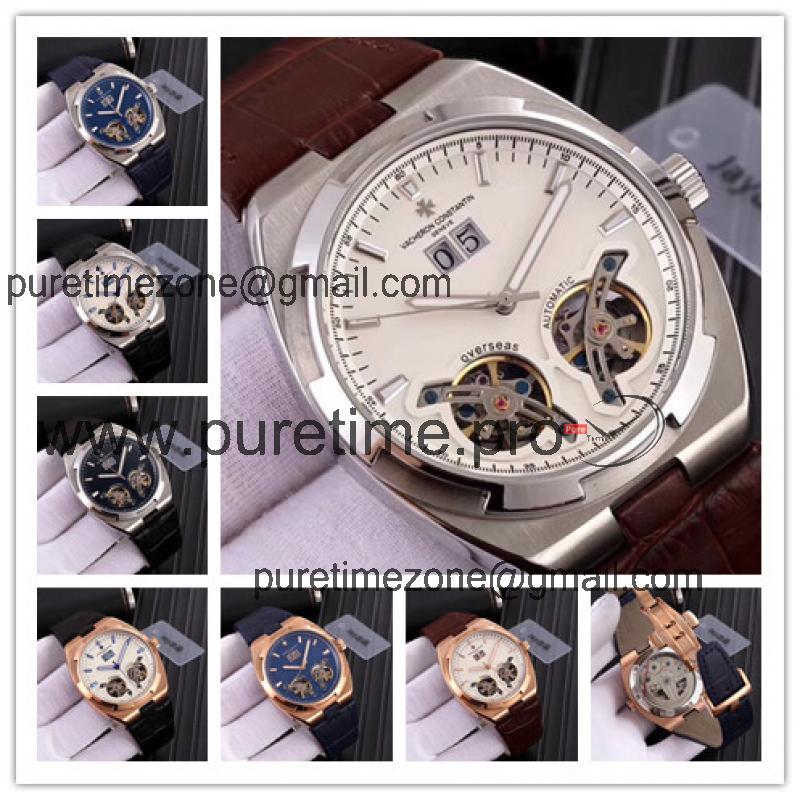 Replica Overseas A21j Automatic Movement Mens Watch White Double Tourbillon Dial Leather Strap E09