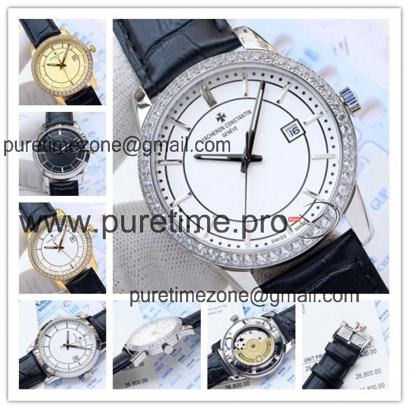 Replica Traditionnelle Japan Miyota 8215 Automatic Mens Watch White Dial Diamonds Case Leather Strap E26