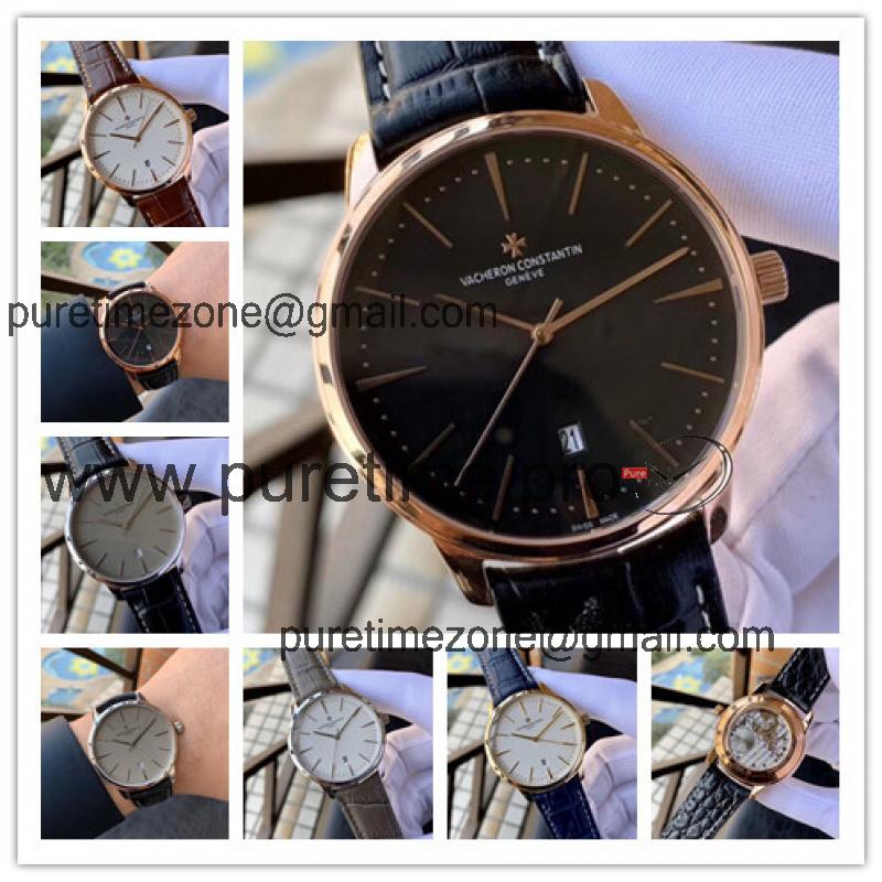 Replica Patrimony A2824 Automatic Movement Mens Watch Black Dial Leather Strap E64