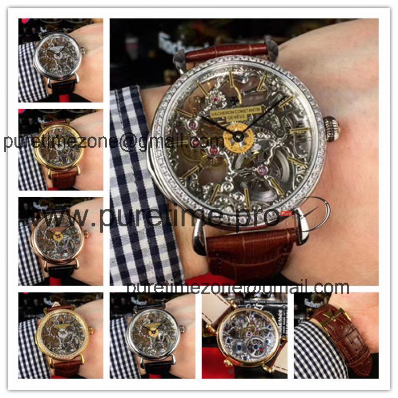 Replica Les Cabinotiers A21j Automatic Movement Mens Watch Skeleton Dial Diamonds Case Leather Strap E106