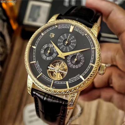 Replica Traditionnele A21j Automatic Movement Mens Watch Gold Tourbillon Dial Leather Strap C E08