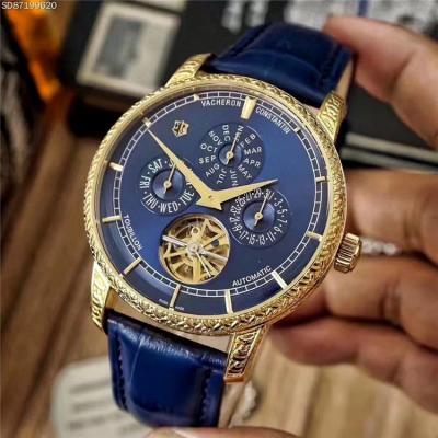 Replica Traditionnele A21j Automatic Movement Mens Watch Gold Tourbillon Dial Leather Strap C E08