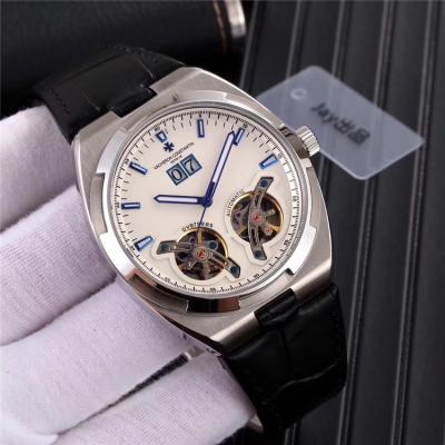 Replica Overseas A21j Automatic Movement Mens Watch White Double Tourbillon Dial Leather Strap E09