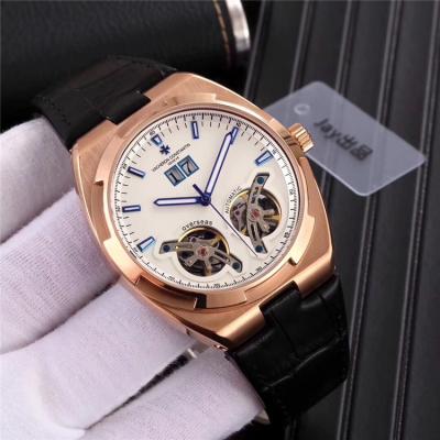 Replica Overseas A21j Automatic Movement Mens Watch White Double Tourbillon Dial Leather Strap E09