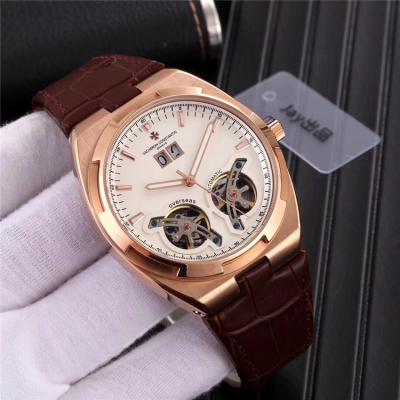 Replica Overseas A21j Automatic Movement Mens Watch White Double Tourbillon Dial Leather Strap E09