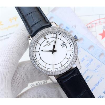 Replica Traditionnelle Japan Miyota 8215 Automatic Mens Watch White Dial Diamonds Case Leather Strap E26