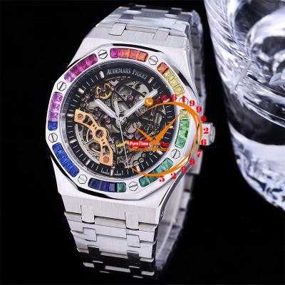 Z01 Royal Oak 15407 Rainbow Diamond Bezel Skeleton Dial Stainless Steel Bracelet 20 styels