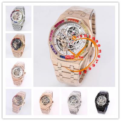 Z01A Royal Oak 15407 Rainbow Diamond Bezel Skeleton Dial Stainless Steel Bracelet 20 styels