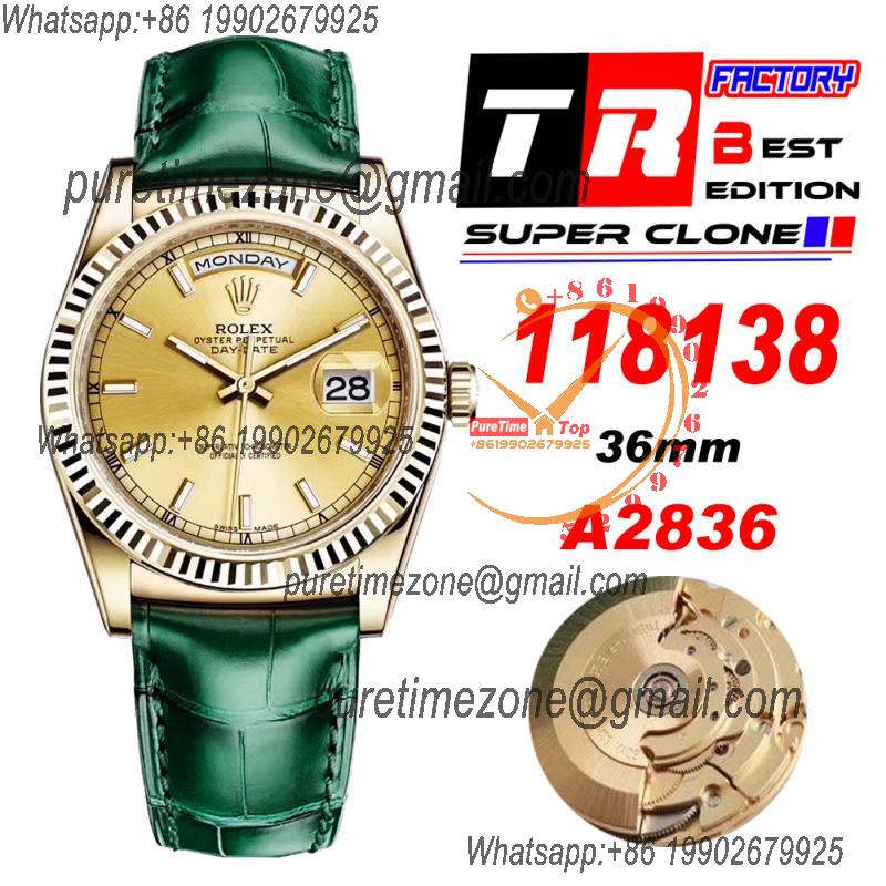 Day-Date 118138 36MM A2836 Automatic Mens Watch Best Edition TRF Yellow Gold Gold Dial  Green Leather