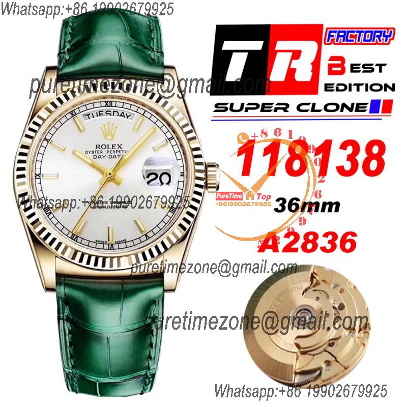 Day-Date 118138 36mm A2836 Automatic Mens Watch Best Edition TRF Yellow Gold Silver Dial Green Leather