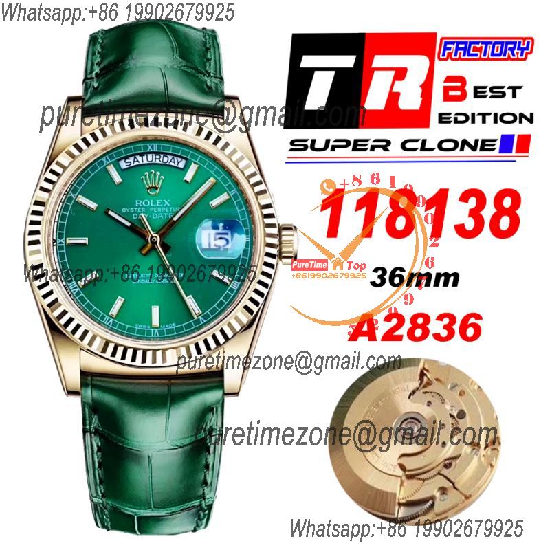 Day-Date 118138 36mm A2836 Automatic Mens Watch Best Edition TRF Yellow Gold Green Dial  Green Leather