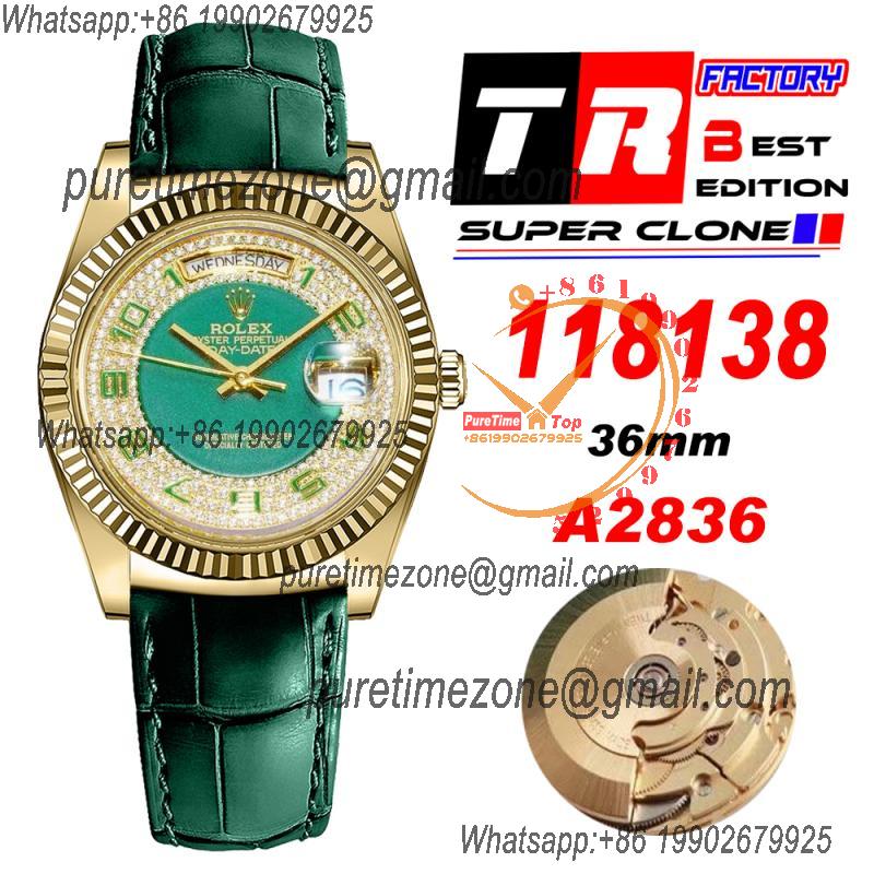 Day-Date 118138 36mm A2836 Automatic Mens Watch Best Edition TRF YG Green Diamonds Dial Green Leather