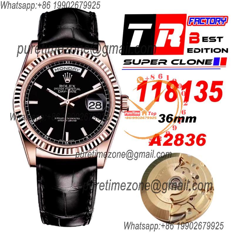 Day-Date 118138 36mm Automatic Mens Watch Best Edition TRF Rose Gold Black Dial A2836  Black Leather