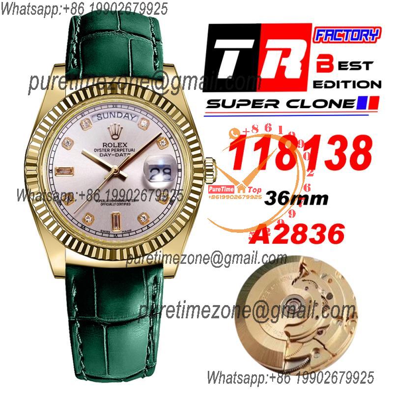 Day-Date 118138 36mm A2836 Automatic Mens Watch Best Edition TRF YG Silver Dial Diamond  Green Leather