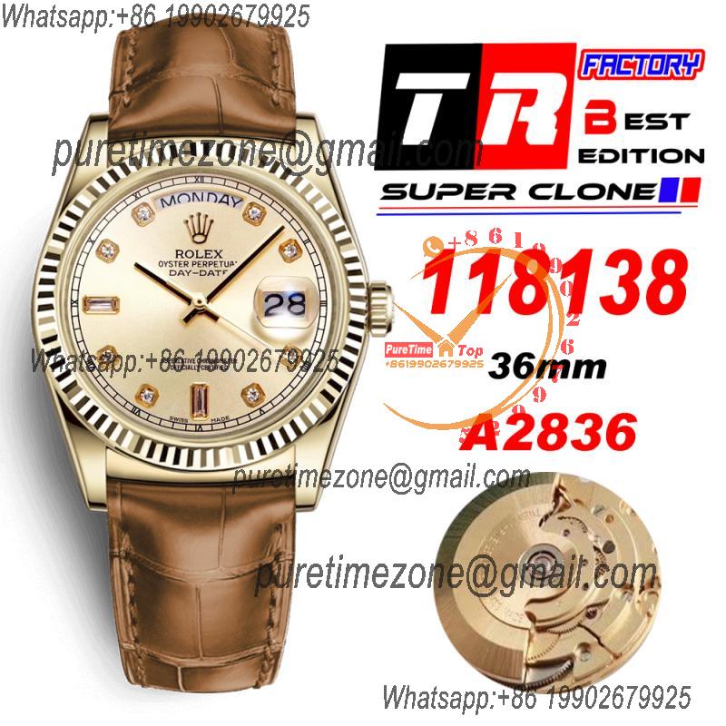 Day-Date 118138 36mm A2836 Automatic Mens Watch Best Edition TRF YG Gold Dial Diamond Brown Leather