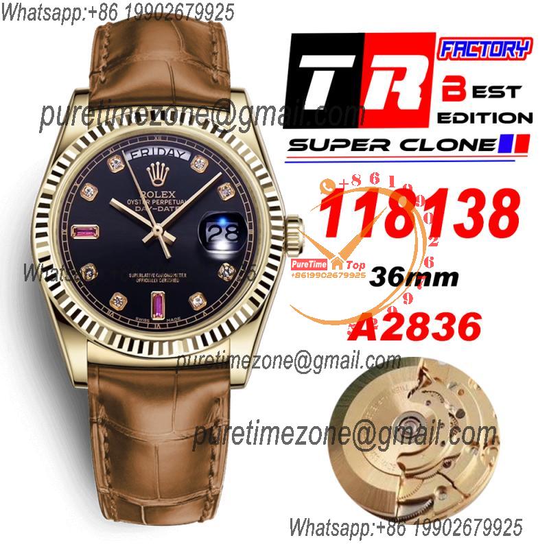 TRF Day-Date 118138 36mm A2836 Automatic Mens Watch YG Black Dial Diamond Brown Leather Best Edition