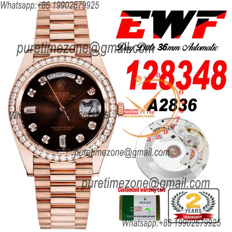 EWF DayDate 36 128348 A2836 Automatic Mens Watch RG Diamond Bezel Dark Brown Dial SS President Bracelet Best Edition