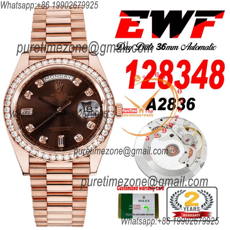 EWF DayDate 36 128348 A2836 Automatic Mens Watch RG Diamond Bezel Brown Dial President Bracelet Best Edition