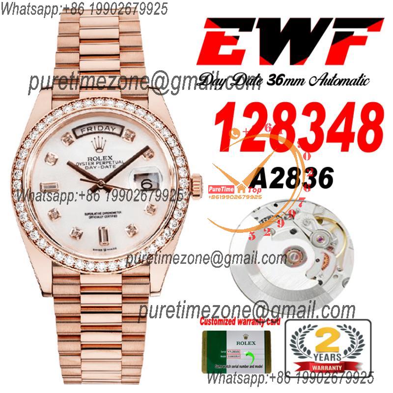 EWF DayDate 36 128348 A2836 Automatic Mens Watch RG Diamond Bezel MOP Dial SS President Bracelet Best Edition