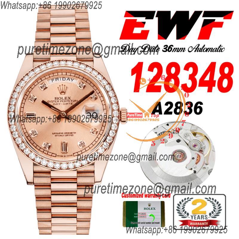 EWF DayDate 36 128348 A2836 Automatic Mens Watch RG Diamond Bezel Gold Dial SS Oyster Bracelet Best Edition