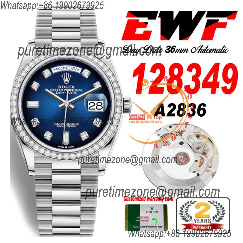 EWF DayDate 36 128349 A2836 Automatic Mens Watch  Diamond Bezel Blue Dial SS President Bracelet Best Edition