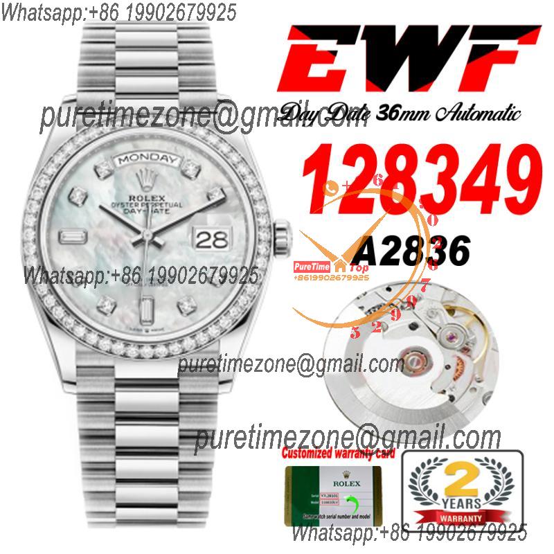 EWF DayDate 36 128349 A2836 Automatic Mens Watch  Diamond Bezel MOP Dial SS President Bracelet Best Edition