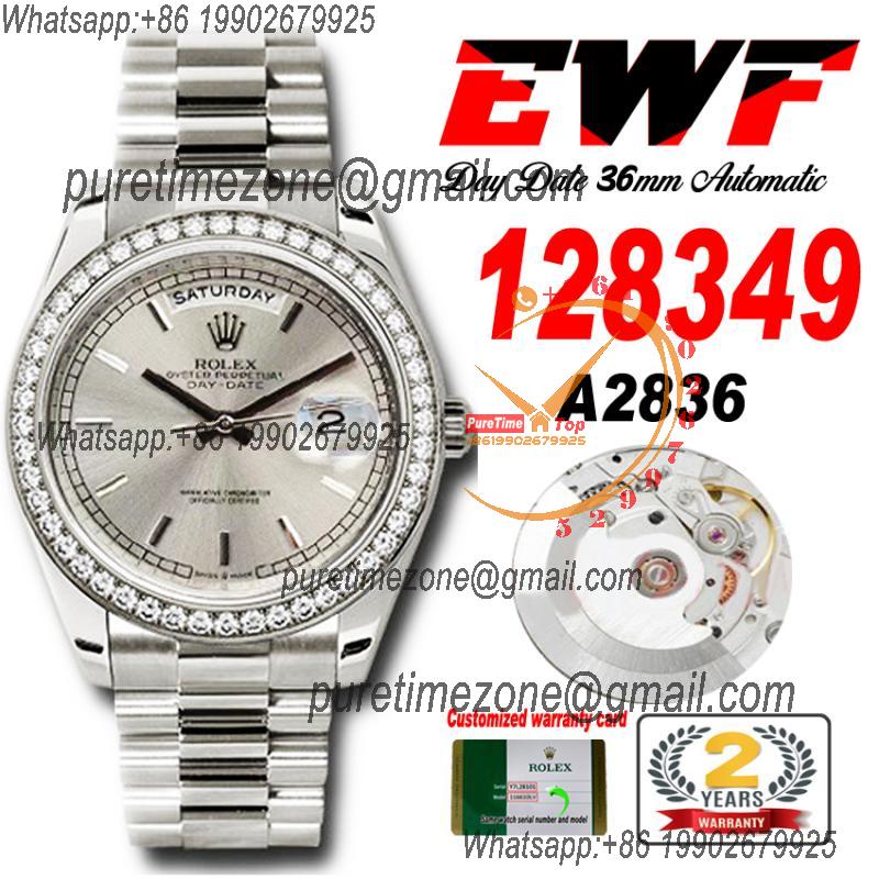 EWF DayDate 36 128349 A2836 Automatic Mens Watch  Diamond Bezel Silver Dial SS President Bracelet Best Edition