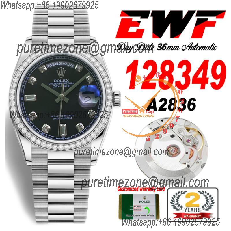 EWF DayDate 36 128349 A2836 Automatic Mens Watch  Diamond Bezel Black Dial SS President Bracelet Best Edition