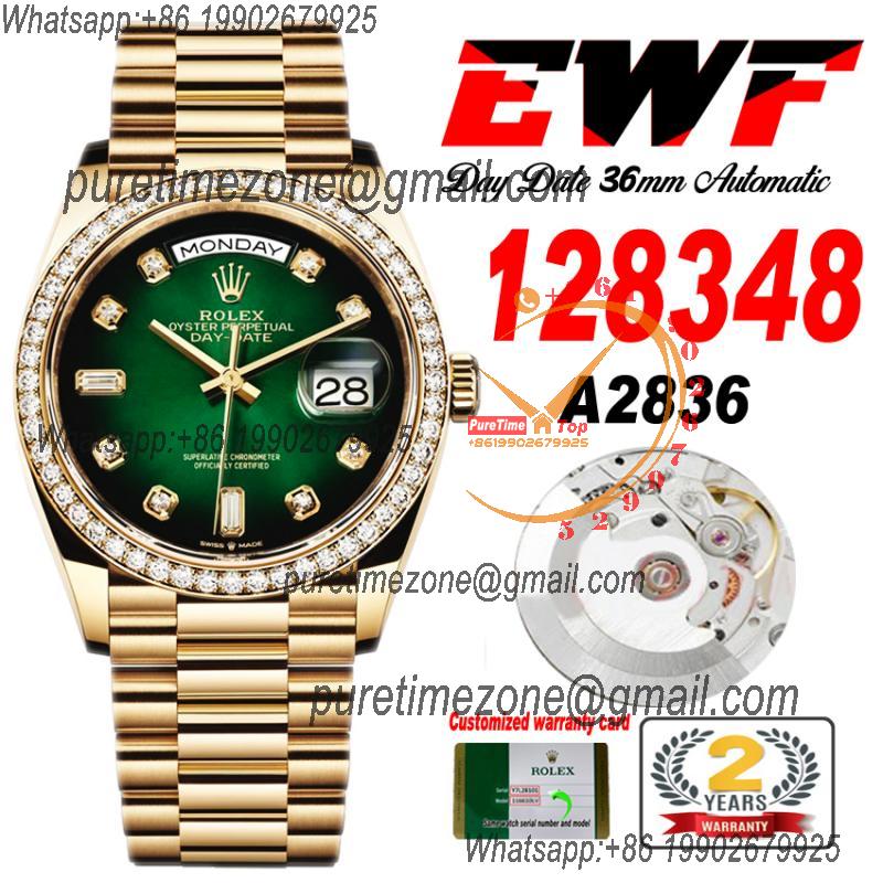 EWF DayDate 36 128348 A2836 Automatic Mens Watch YG Diamond Bezel Green Dial President Bracelet Best Edition