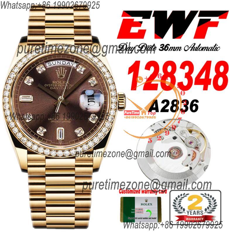 EWF DayDate 36 128348 A2836 Automatic Mens Watch YG Diamond Bezel Brown Dial President Bracelet Best Edition