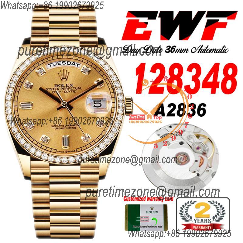 EWF DayDate 36 128348 A2836 Automatic Mens Watch YG Diamond Bezel Gold Dial President Bracelet Best Edition