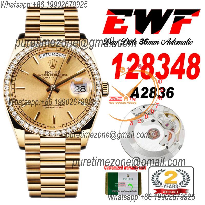 EWF DayDate 36 128348 A2836 Automatic Mens Watch YG Diamond Bezel Gold Stick Dial President Bracelet Best Edition