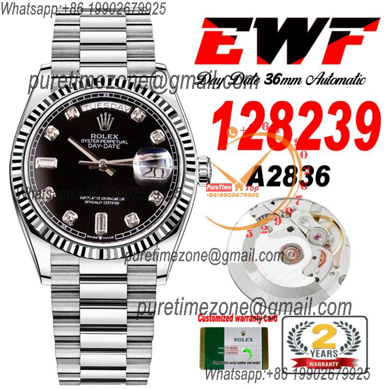 EWF DayDate 36 128349 A2836 Automatic Mens Watch Fluted Bezel Black Diamonds Dial President Bracelet Best Edition