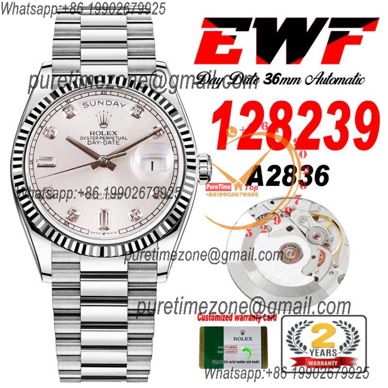 EWF DayDate 36 128349 A2836 Automatic Mens Watch Fluted Bezel Silver Diamonds Dial President Bracelet Best Edition