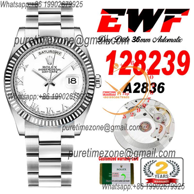 EWF DayDate 36 128349 A2836 Automatic Mens Watch Fluted Bezel Whtie Roman Dial President Bracelet Best Edition