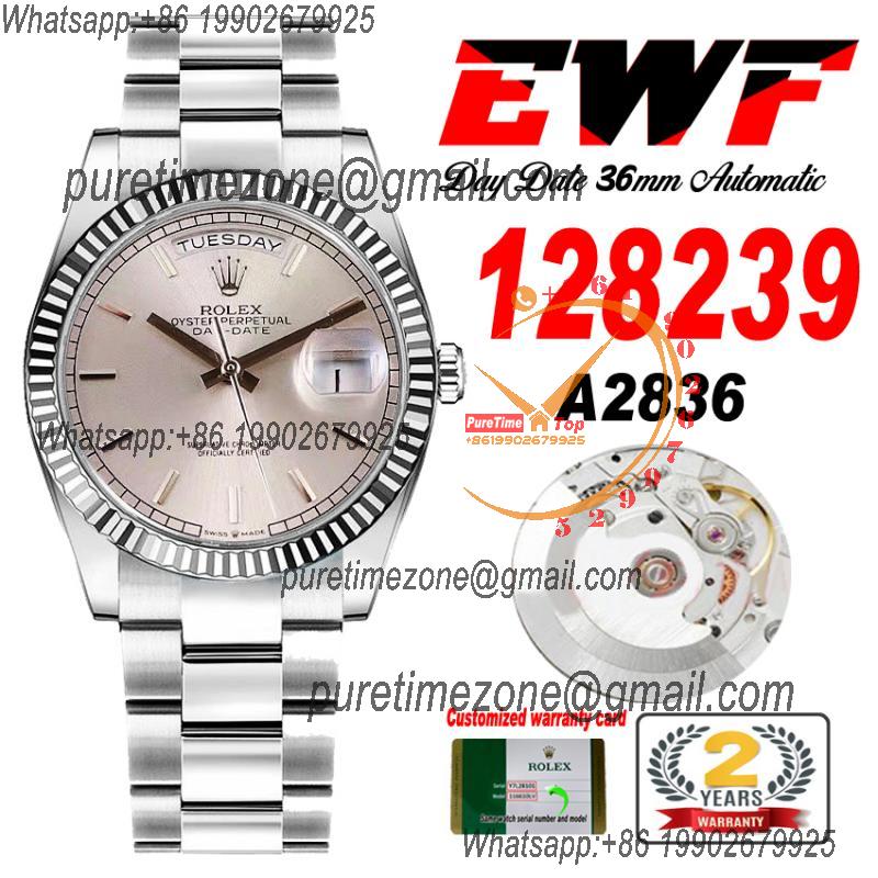 EWF DayDate 36 128349 A2836 Automatic Mens Watch Fluted Bezel Silver Stick Dial President Bracelet Best Edition